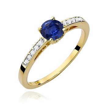 Pierścionek zaręczynowy z żółtego złota z brylantami i szafirem 0.05 ct