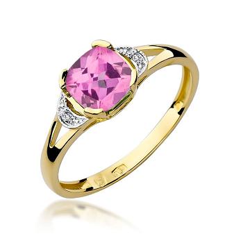 Pierścionek zaręczynowy z żółtego złota z brylantami i różowym topazem 0.01 ct