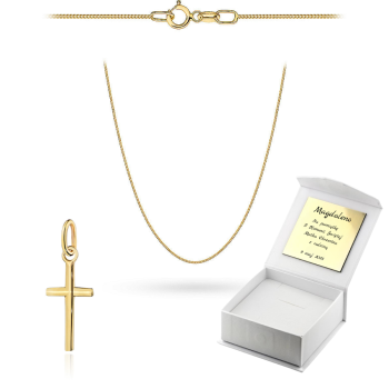 Złoty krzyżyk z łańcuszkiem pancerka komplet prezent Komunia Chrzest