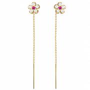 Kolczyki złote przewlekane kwiatki z cyrkonią w kolorze fuksji FUG7-25-K01115-2