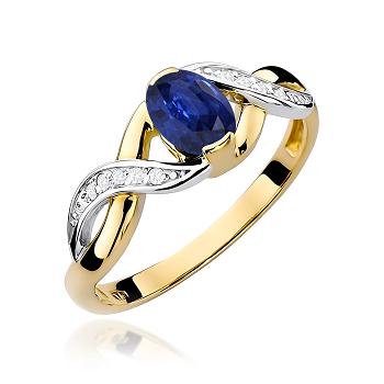 Pierścionek zaręczynowy z żółtego złota z brylantami i szafirem 0.05 ct