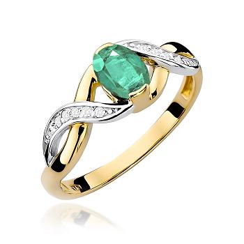 Pierścionek zaręczynowy z żółtego złota z brylantami i szmaragdem 0.05 ct
