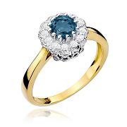 Pierścionek zaręczynowy z żółtego złota z brylantami i topazem London Blue 0.17 ct