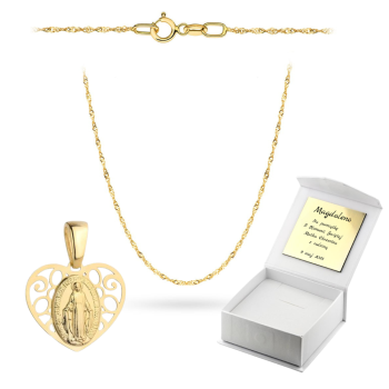Złoty Cudowny Medalik w sercu z łańcuszkiem Singapur komplet prezent Komunia Chrzest