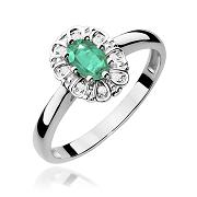 Pierścionek zaręczynowy z białego złota z brylantami i szmaragdem 0.07 ct