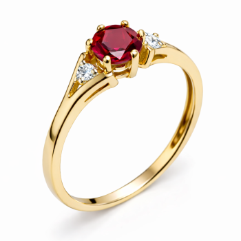Pierścionek zaręczynowy złoty z brylantami laboratoryjnymi i rubinem laboratoryjnym 0.03 ct