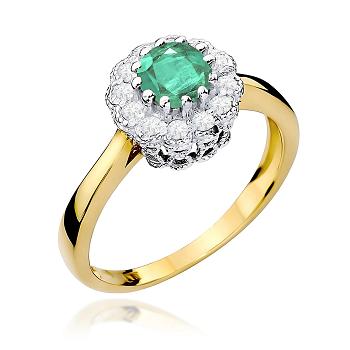 Pierścionek zaręczynowy z żółtego złota z brylantami i szmaragdem 0.17 ct