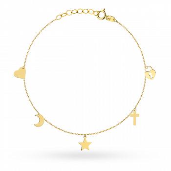 Bransoletka złota z krzyżykiem, gwiazdką, księżycem, sercem i kłódką FUG2-25-B00744-2