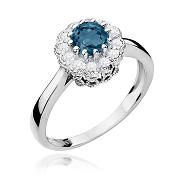 Pierścionek zaręczynowy z białego złota z brylantami i topazem London Blue 0.17 ct