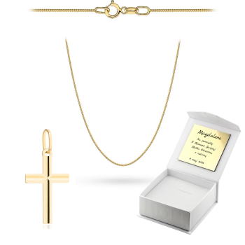 Złoty krzyżyk z łańcuszkiem pancerka komplet prezent Komunia Chrzest