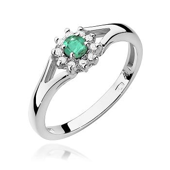 Pierścionek zaręczynowy z białego złota z brylantami i szmaragdem 0.09 CT