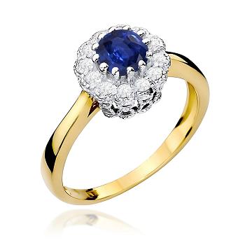 Pierścionek zaręczynowy z żółtego złota z brylantami i szafirem 0.17 ct