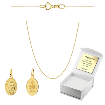 Złoty Cudowny Medalik z łańcuszkiem pancerka komplet prezent Komunia Chrzest