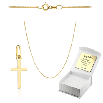 Złoty krzyżyk z łańcuszkiem pancerka komplet prezent Komunia Chrzest