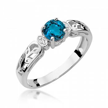 Pierścionek zaręczynowy z białego złota z brylantami i topazem London Blue 0.02 ct