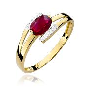 Pierścionek zaręczynowy z żółtego złota z brylantami i rubinem 0.05 ct