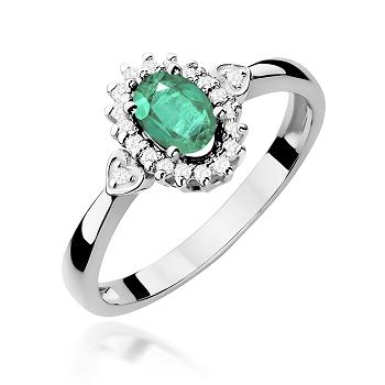 Pierścionek zaręczynowy z białego złota z brylantami i szmaragdem 0.10 ct