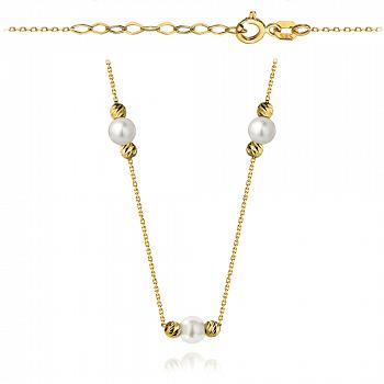 Naszyjnik złoty trzy perły i kulki diamentowane FUG3-4-N00422-2 