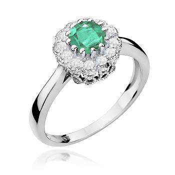 Pierścionek zaręczynowy z białego złota z brylantami i szmaragdem 0.17 ct