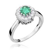 Pierścionek zaręczynowy z białego złota z brylantami i szmaragdem 0.17 ct