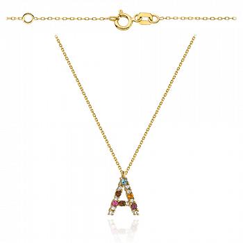 Naszyjnik złoty celebrytka literka A z kolorowymi kamieniami FUG3-4-CN00277-2