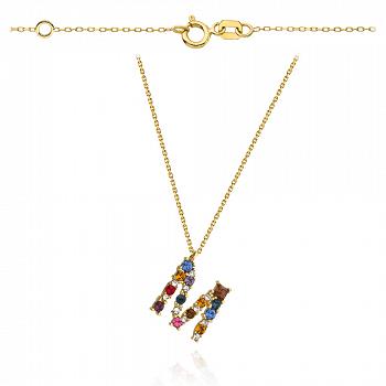 Naszyjnik złoty celebrytka literka M z kolorowymi kamieniami FUG3-4-CN00281-2