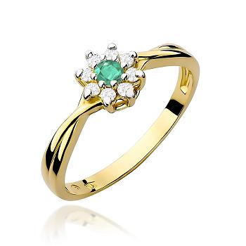 Pierścionek zaręczynowy z żółtego złota z brylantami i szmaragdem 0.12 ct