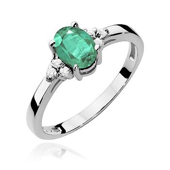 Pierścionek zaręczynowy z białego złota z brylantami i szmaragdem 0.05 ct