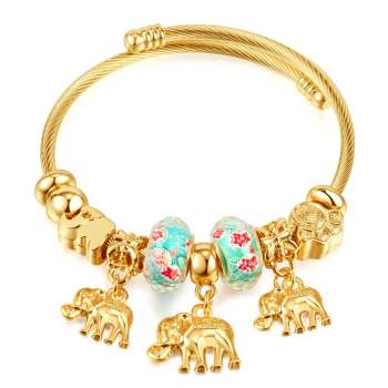Bransoletka damska złota charmsy słonie na szczęście FUGTGB940