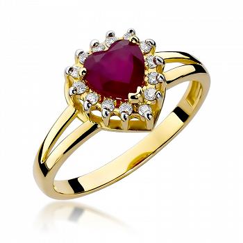 Pierścionek zaręczynowy z żółtego złota z brylantami i rubinem 0.12 ct