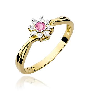 Pierścionek zaręczynowy z żółtego złota z brylantami i różowym topazem 0.12ct