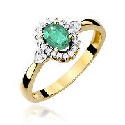 Pierścionek zaręczynowy z żółtego złota z brylantami i szmaragdem 0.10 ct