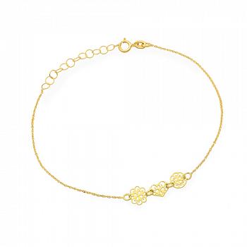 Bransoletka z żółtego złota ażurowe serce, kwiatek i koło FUG2-14-B00404-2