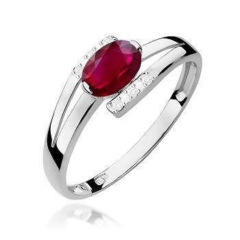 Pierścionek zaręczynowy z białego złota z brylantami i rubinem 0.05 ct