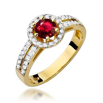 Pierścionek zaręczynowy z żółtego złota z brylantami i rubinem 0.20 ct