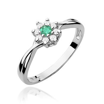 Pierścionek zaręczynowy z białego złota z brylantami i szmaragdem 0.12 ct