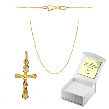 Złoty krzyżyk z wizerunkiem Jezusa Chrystusa z łańcuszkiem Pancerka komplet prezent Komunia Chrzest