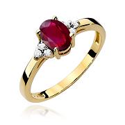 Pierścionek zaręczynowy z żółtego złota z brylantami i rubinem 0.05 ct
