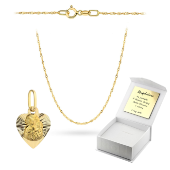 Złoty Medalik Matka Boska Częstochowska z łańcuszkiem Singapur komplet prezent Komunia Chrzest